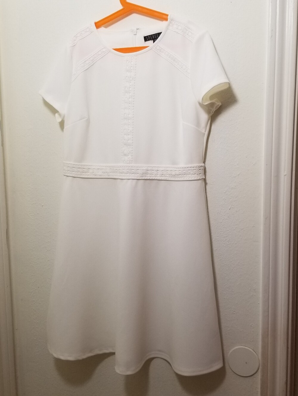 Spense Kid's 10P White Short-Sleeve Fit-and-Flare Dress with Geometric Lace Trim